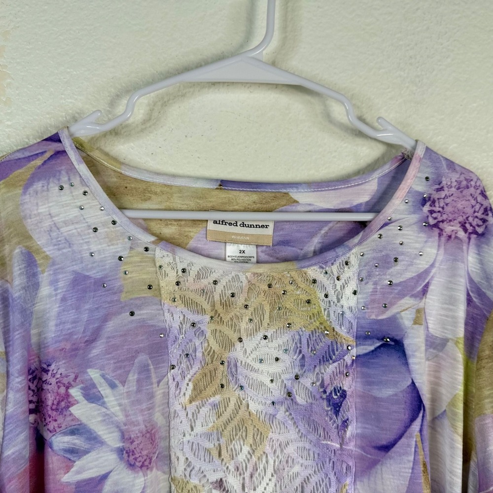 Alfred Dunner Women's Tunic Top Purple Sz 2X Floral Bling Colorful - Picture 3 of 10